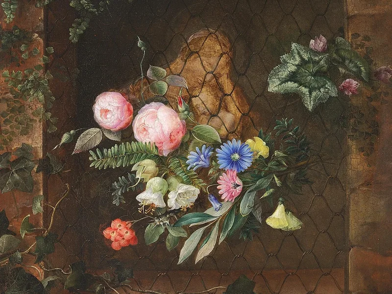 1799-Hermania Sigvardine Neergard - Nicchia con una figura raffigurante la Madonna con Bambino, decorata con un mazzo di fiori variegato